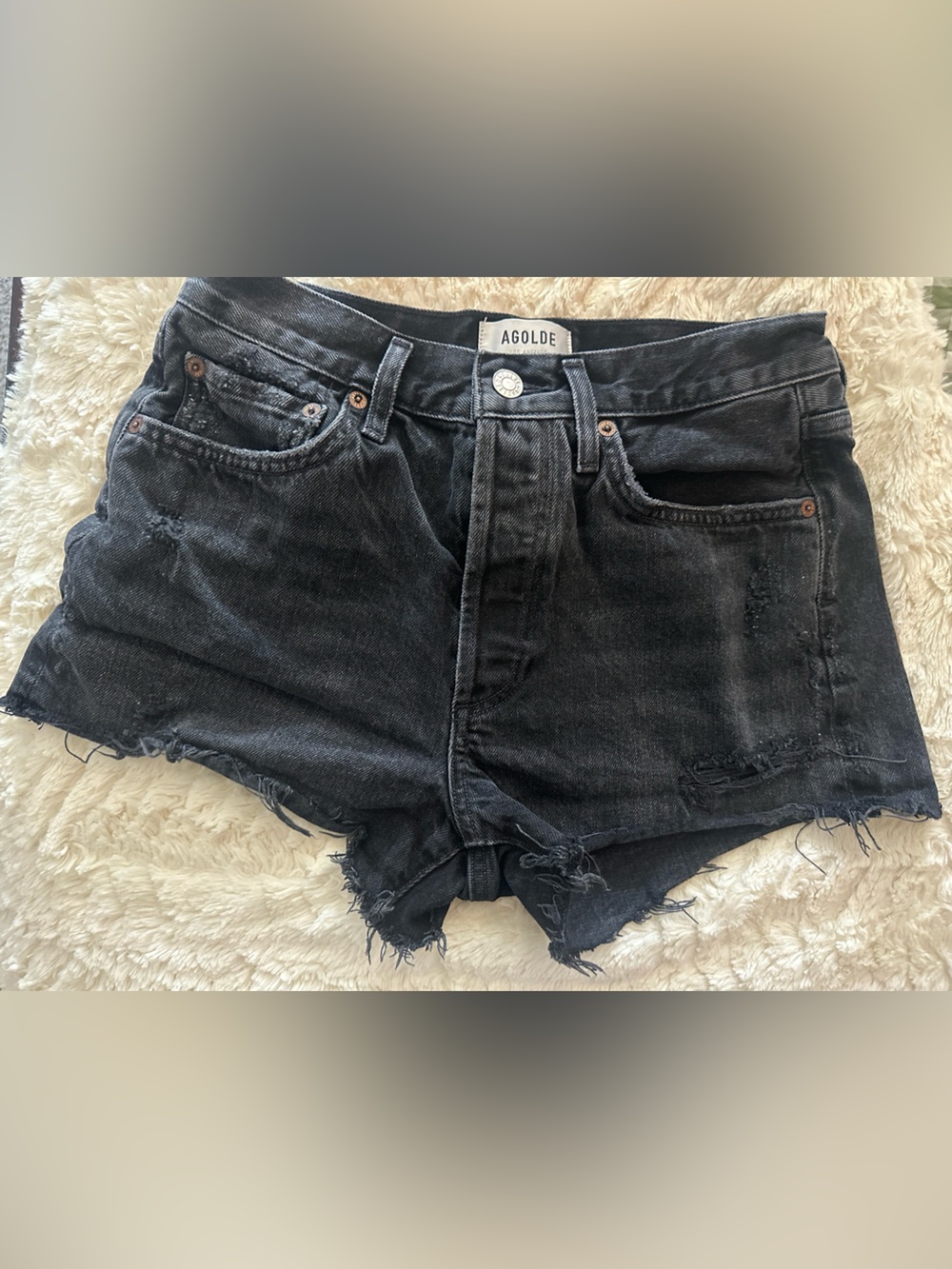 Agolde Parker Vintage Cut Off Shorts In Black Distressed Denim button fly - 25